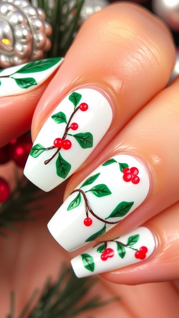Christmas Mistletoe Nail Art Design Close-up of Christmas mistletoe nail art with green leaves and red berries on white nails.